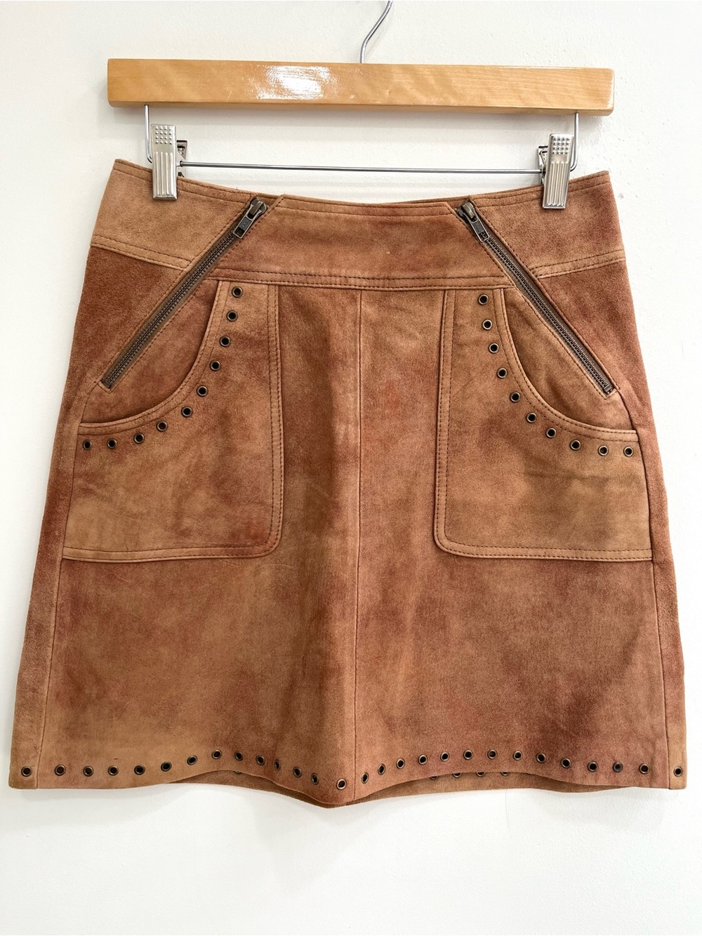 Pam & Gela 100% Goat Leather Suede High Waisted Mini Skirt Congnac Brown 4 NWT